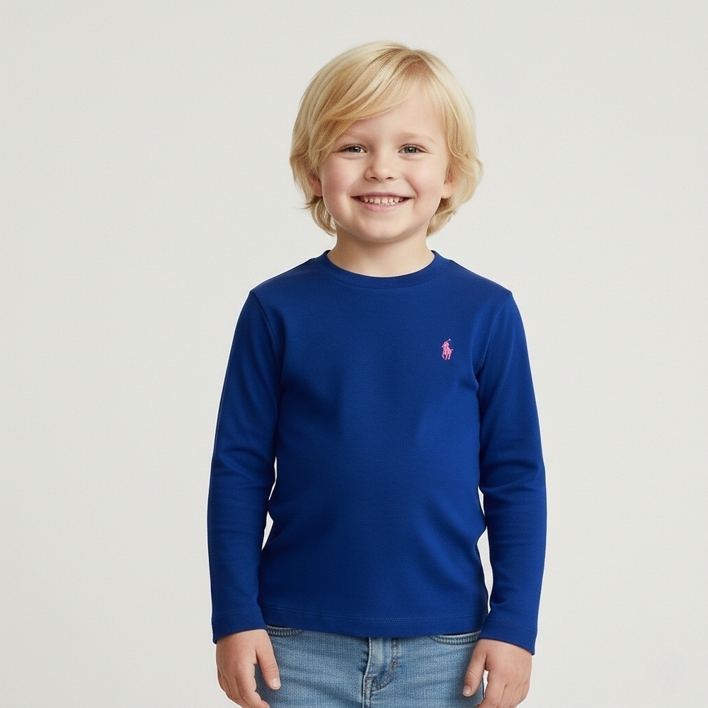 BNWT Ralph Lauren Kid Polo Long Sleeve Cotton Tee Blue 4T Classic Logo Preppy